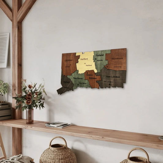 3D Wooden Connecticut State Map Wall Art