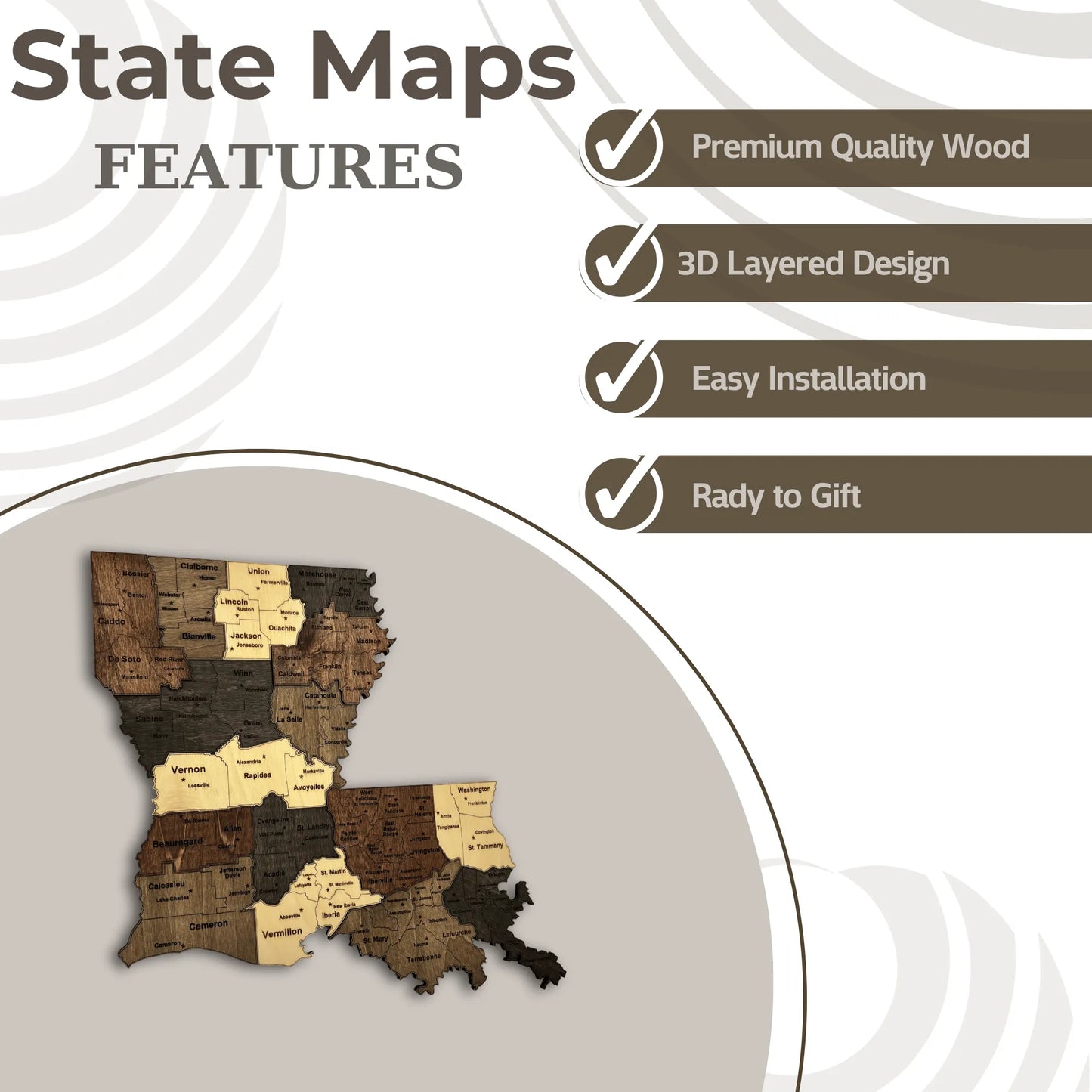 3D Wooden Louisiana State Map Wall Art