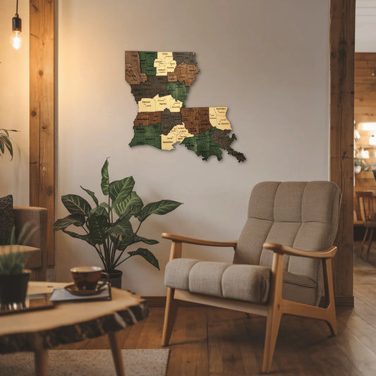 3D Wooden Louisiana State Map Wall Art – Handcrafted Decor