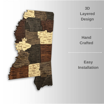 3D Wooden Mississippi State Map Wall Art