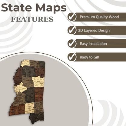 3D Wooden Mississippi State Map Wall Art