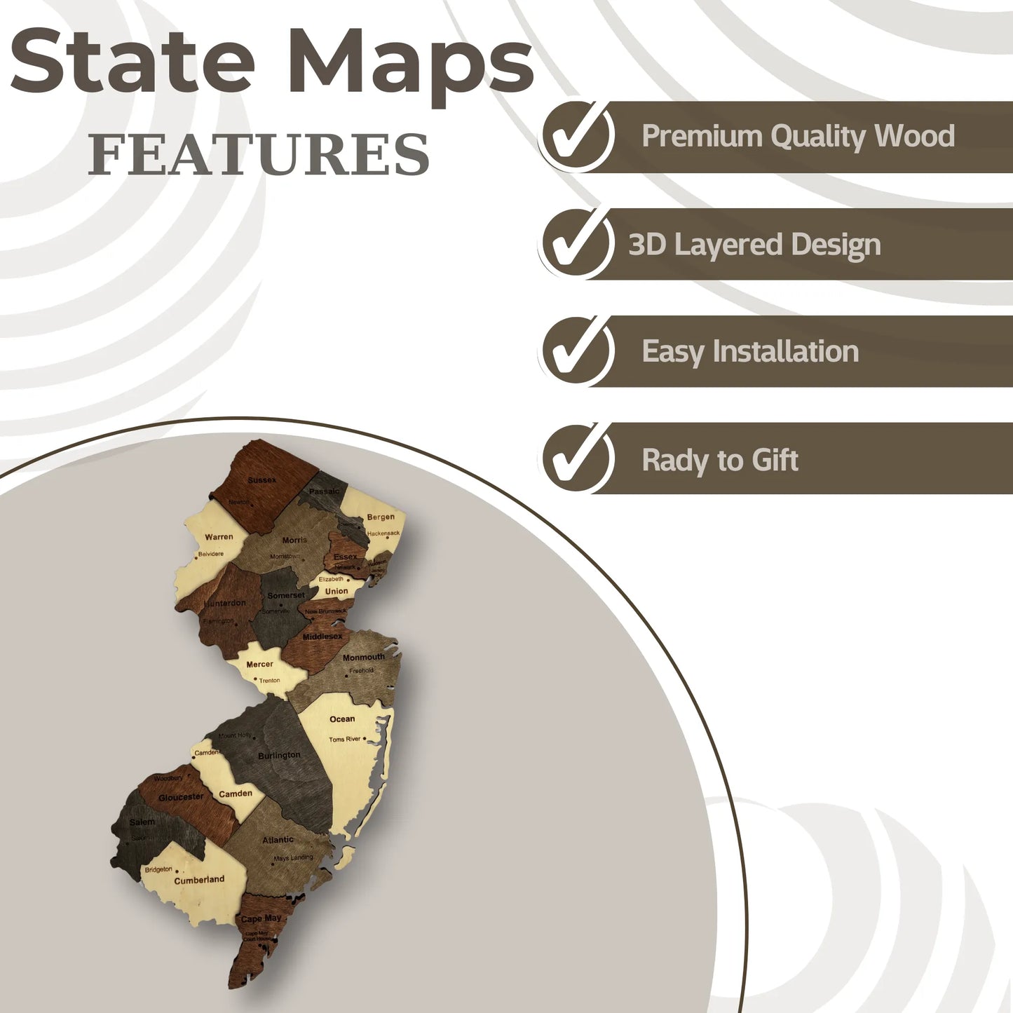 3D Wooden New Jersey State Map Wall Art