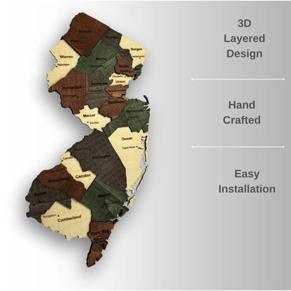3D Wooden New Jersey State Map Wall Art