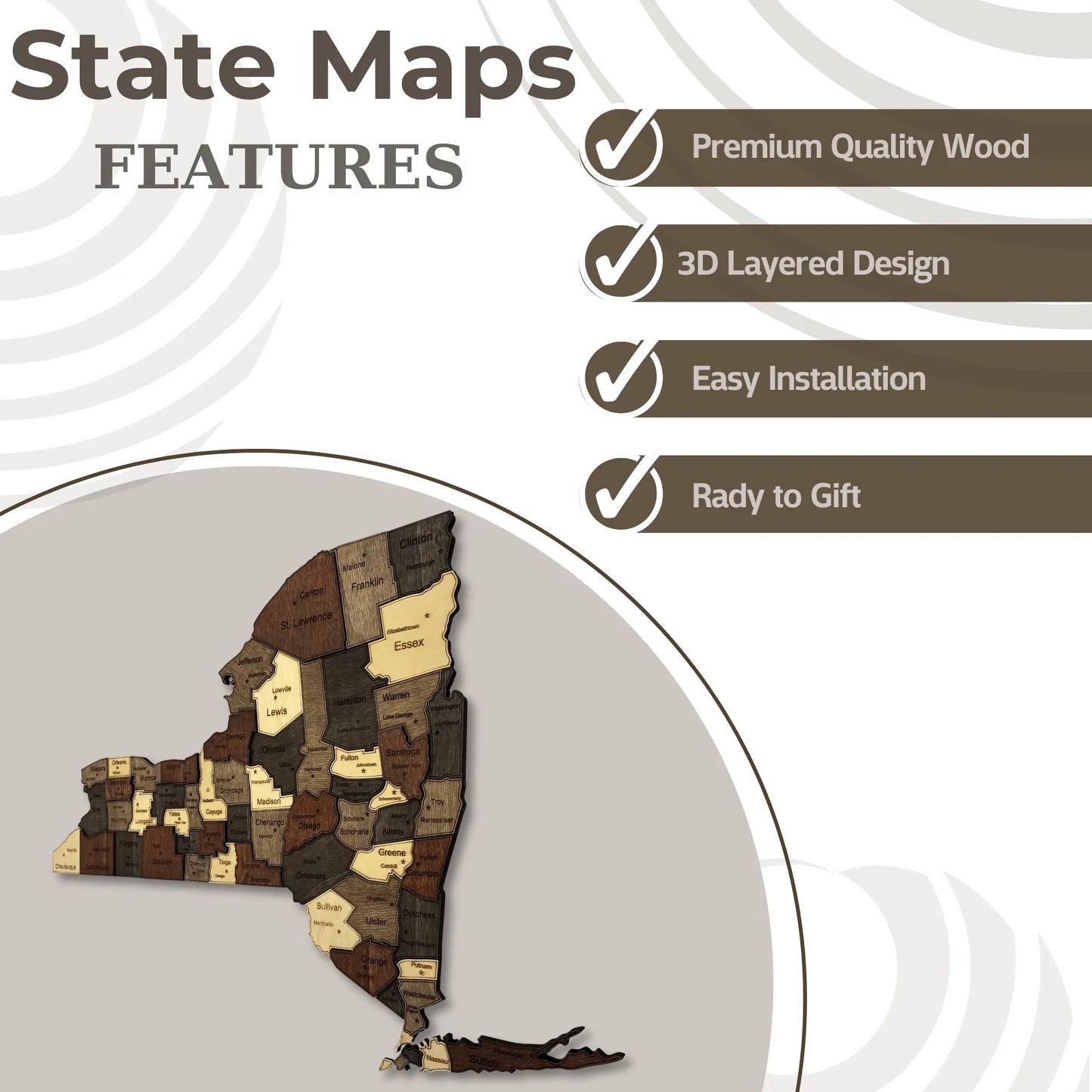 3D Wooden New York State Map Wall Art