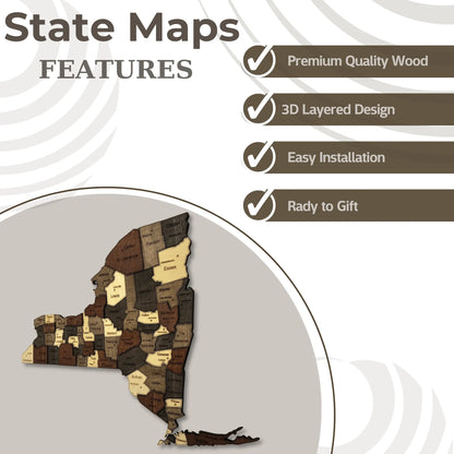 3D Wooden New York State Map Wall Art