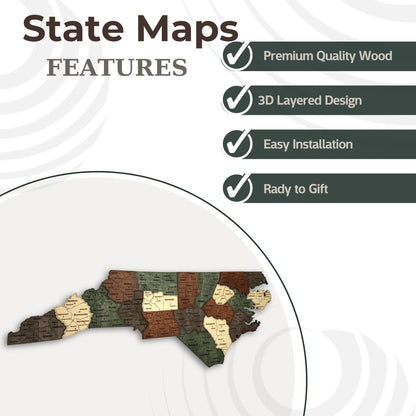 3D Wooden North Carolina State Map Wall Art