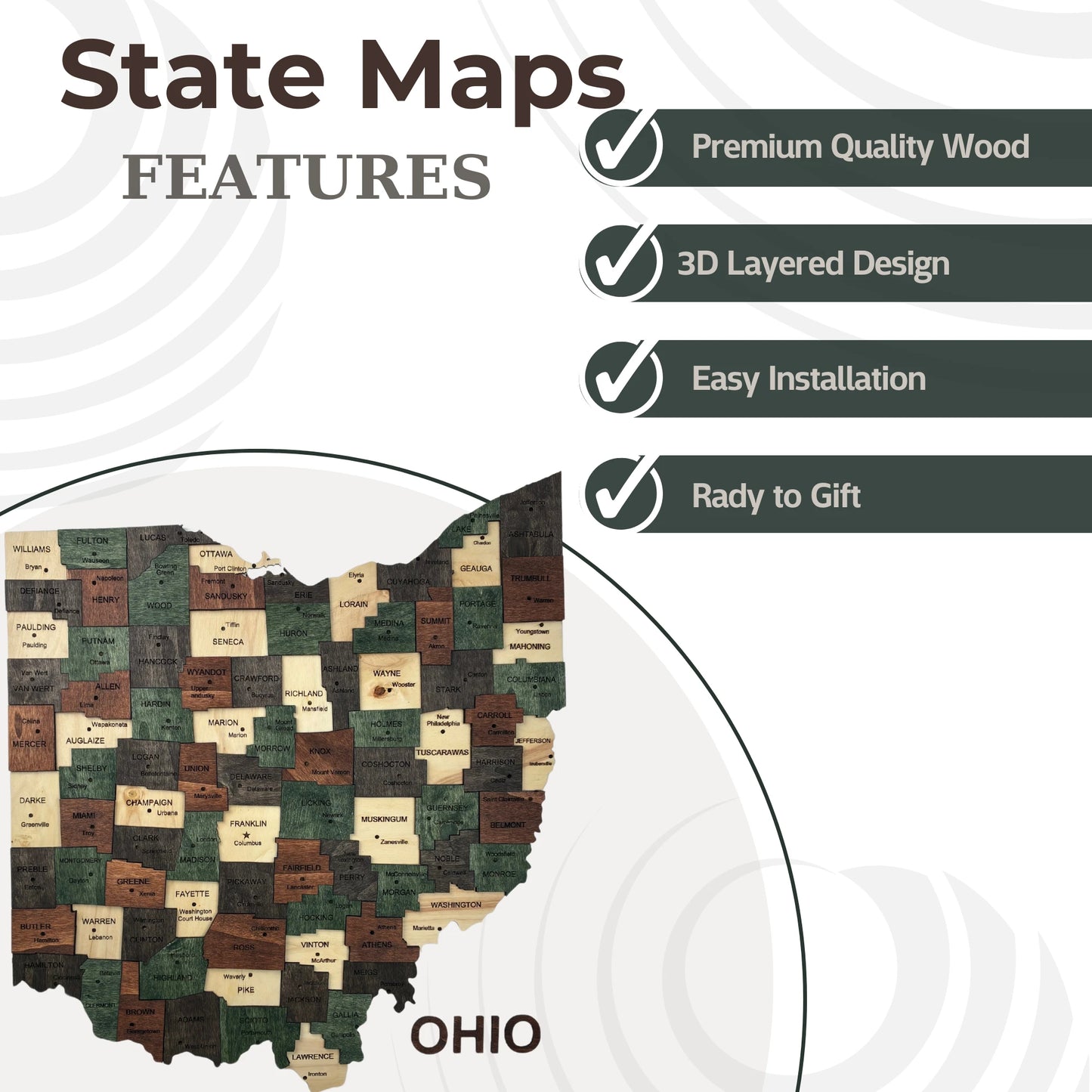 3D Wooden Ohio State Map Wall Art