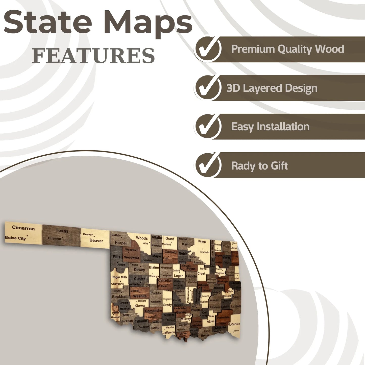 3D Wooden Oklahoma State Map Wall Art