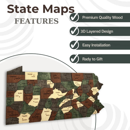 3D Wooden Pennsylvania State Map Wall Art