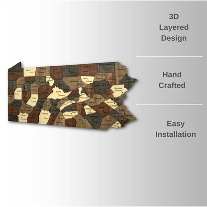 3D Wooden Pennsylvania State Map Wall Art