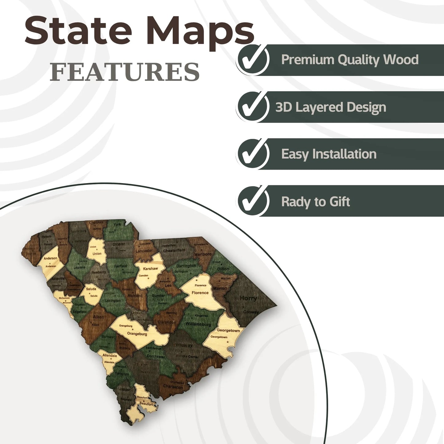 3D Wooden South Carolina State Map Wall Art