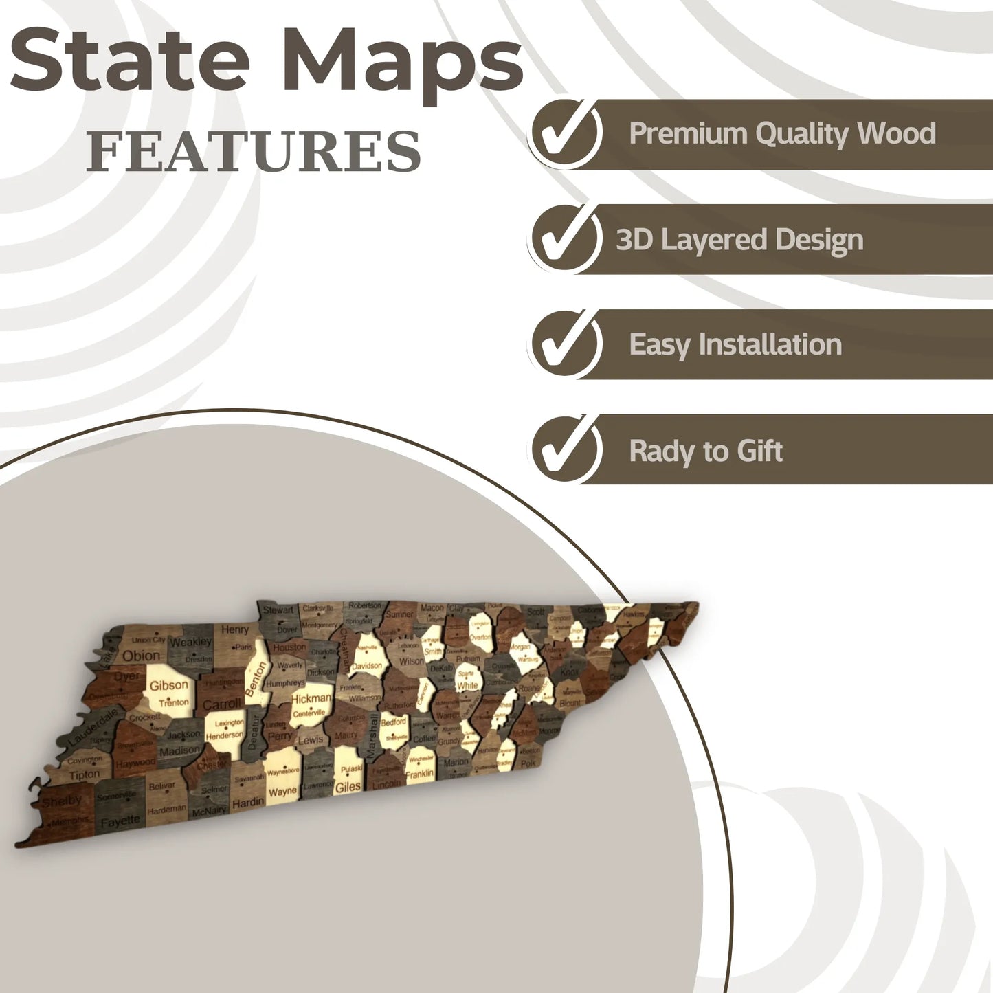 3D Wooden Tennessee State Map Wall Art