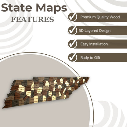 3D Wooden Tennessee State Map Wall Art