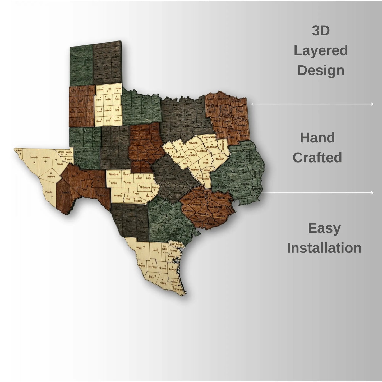 3D Wooden Texas County Map Wall Art