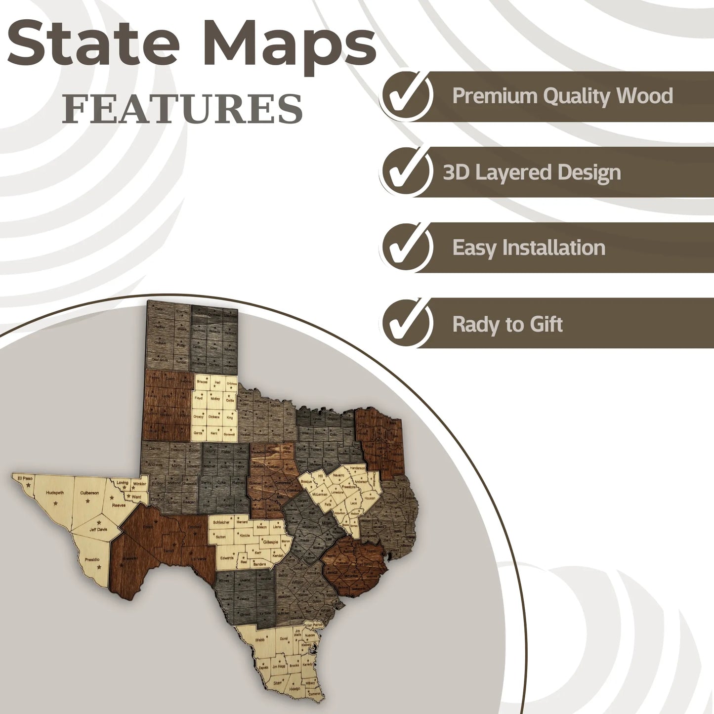 3D Wooden Texas County Map Wall Art
