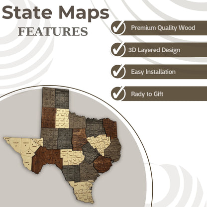 3D Wooden Texas County Map Wall Art
