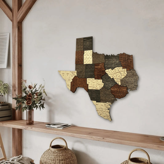 One-Piece 3D Wooden Texas State Map Wall Art – Handcrafted Grouped Design