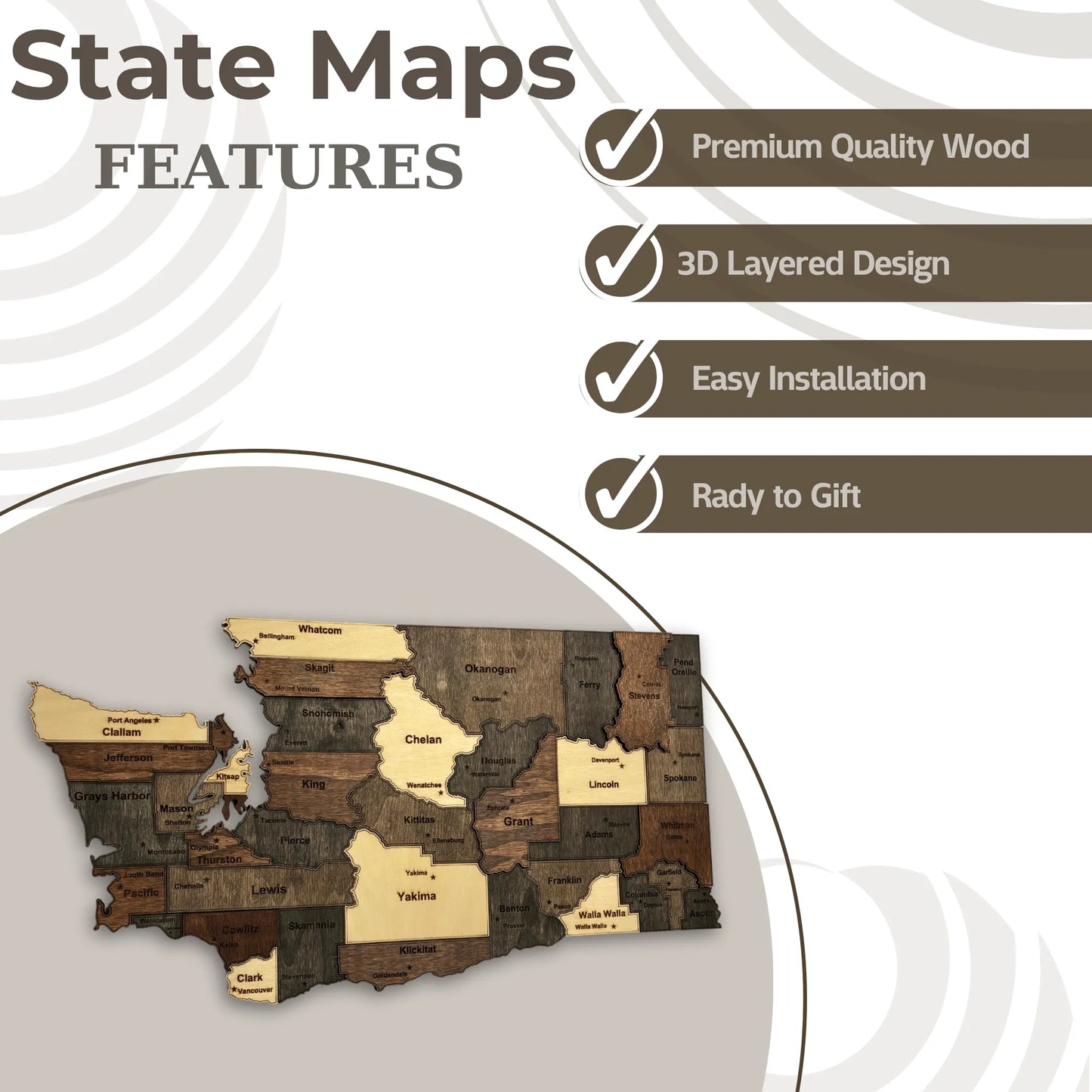 3D Wooden Washington State Map Wall Art
