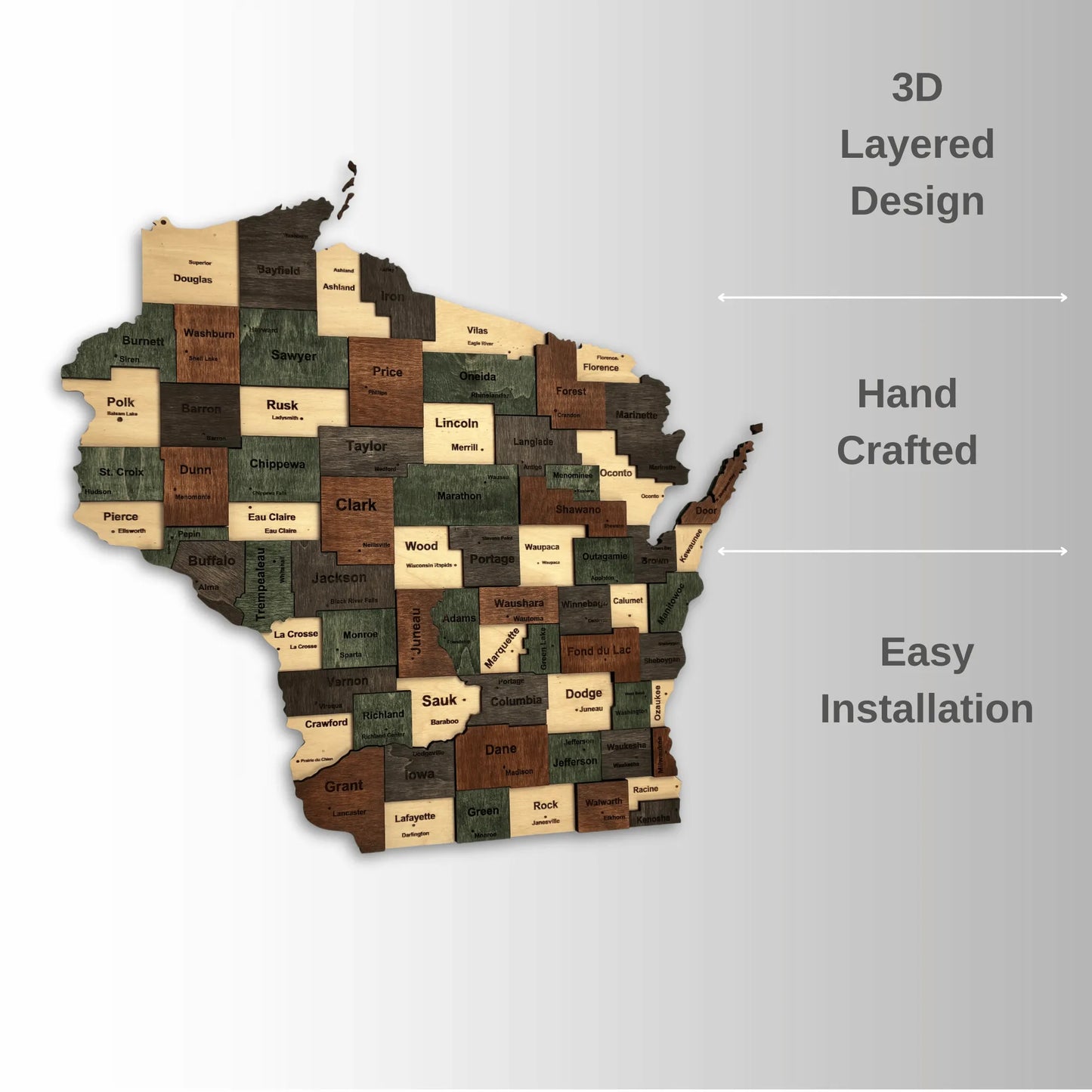 3D Wooden Wisconsin State Map Wall Art
