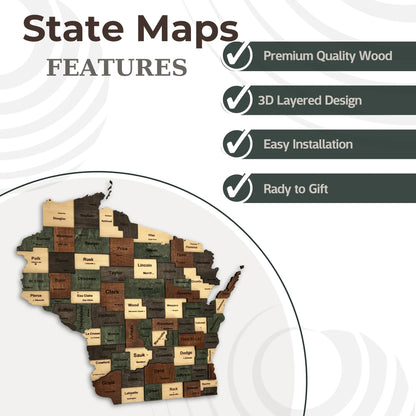 3D Wooden Wisconsin State Map Wall Art