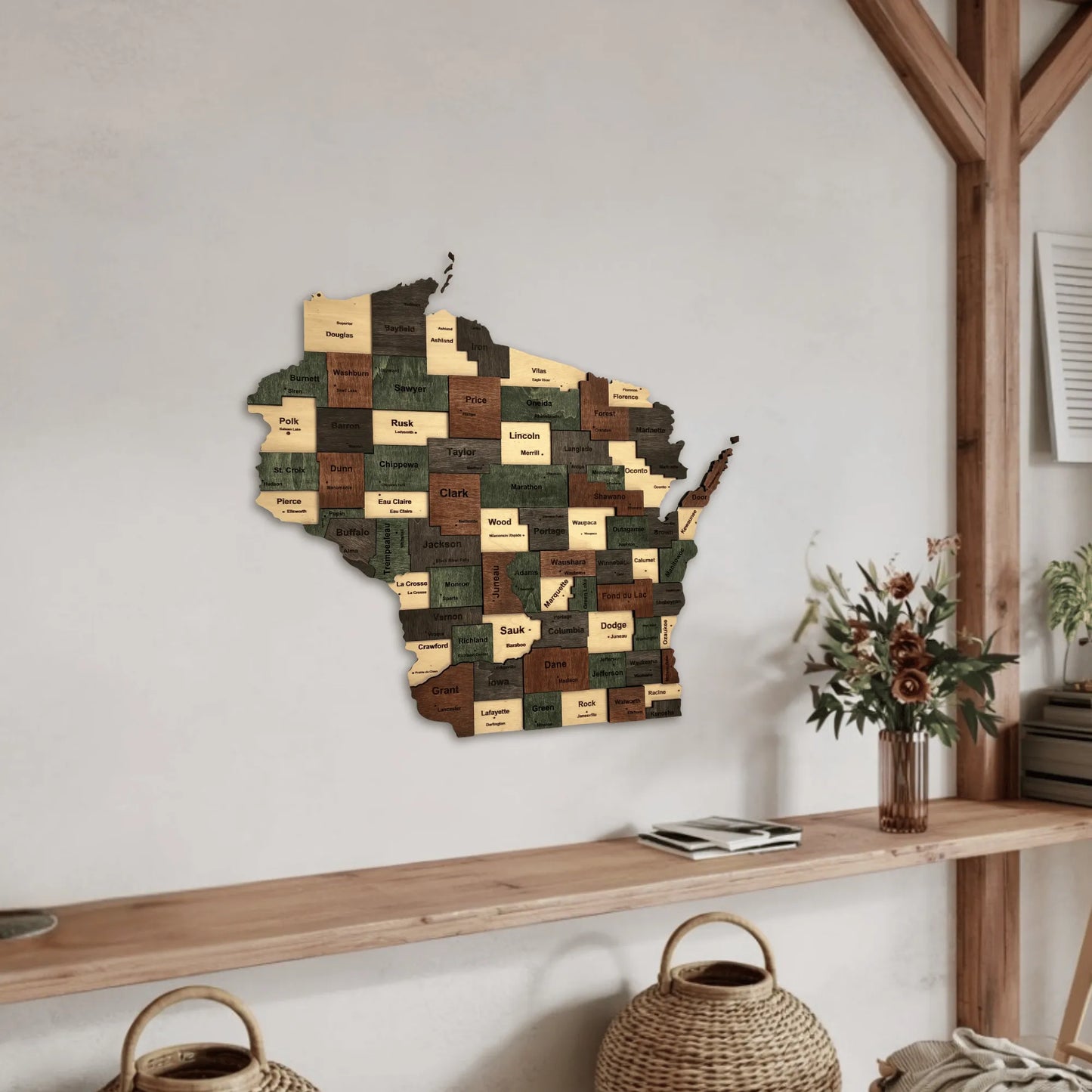 3D Wooden Wisconsin State Map Wall Art
