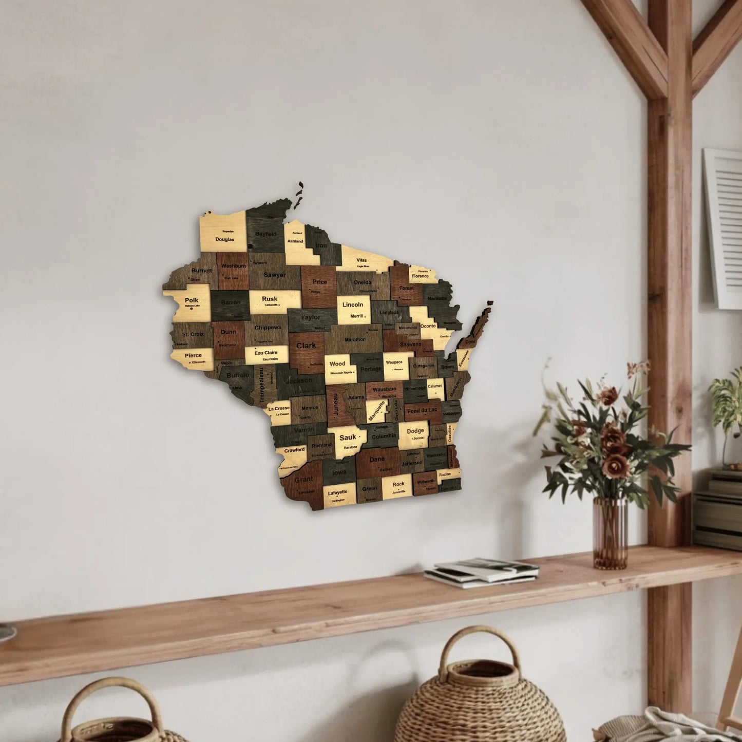 3D Wooden Wisconsin State Map Wall Art