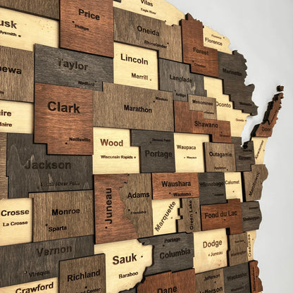 3D Wooden Wisconsin State Map Wall Art