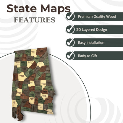 3D Wooden Alabama State Map Wall Art