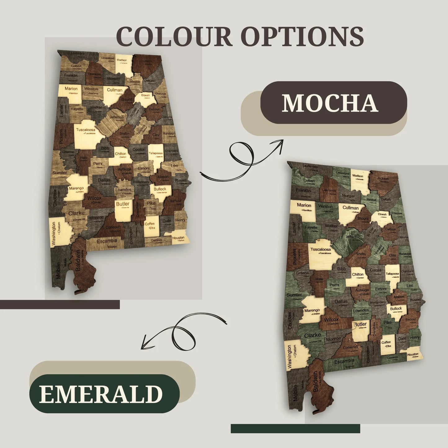 3D Wooden Alabama State Map Wall Art