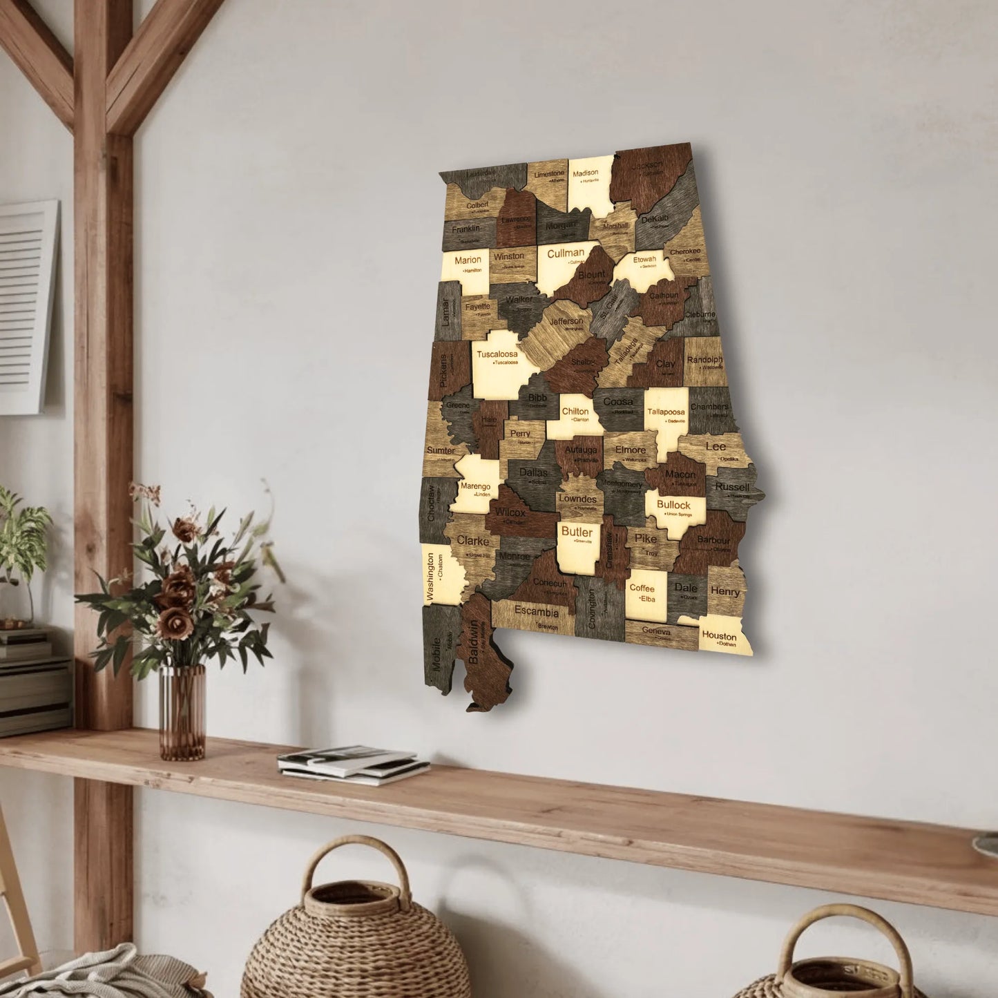 3D Wooden Alabama State Map Wall Art