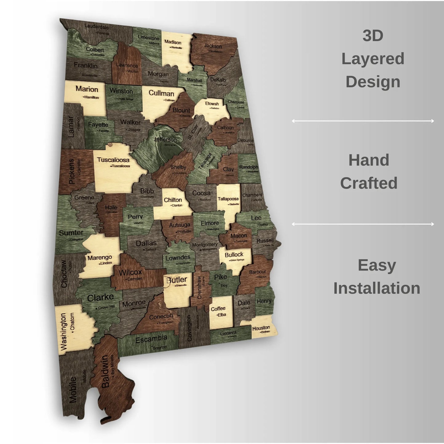 3D Wooden Alabama State Map Wall Art
