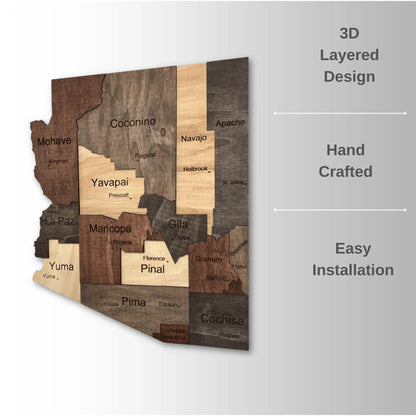 3D Wooden Arizona State Map Wall Art