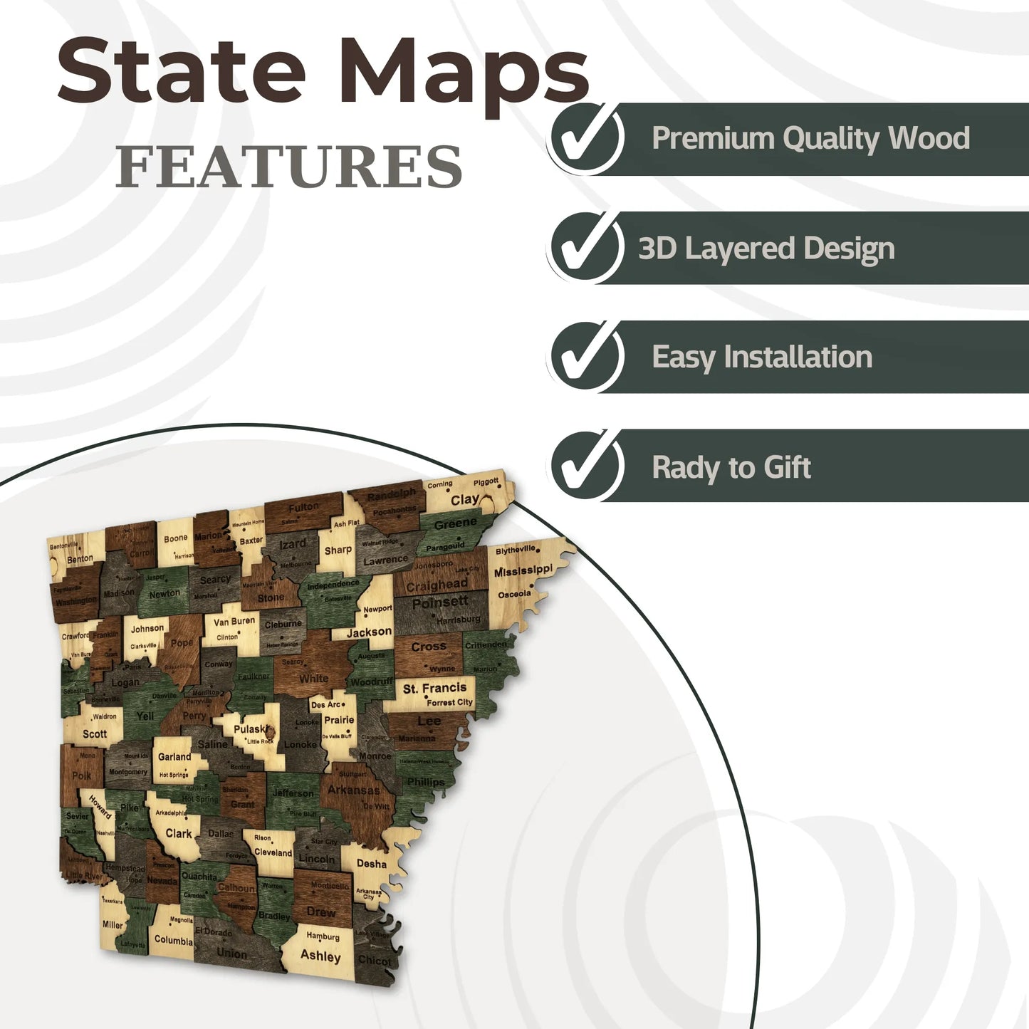 3D Wooden Arkansas State Map Wall Art