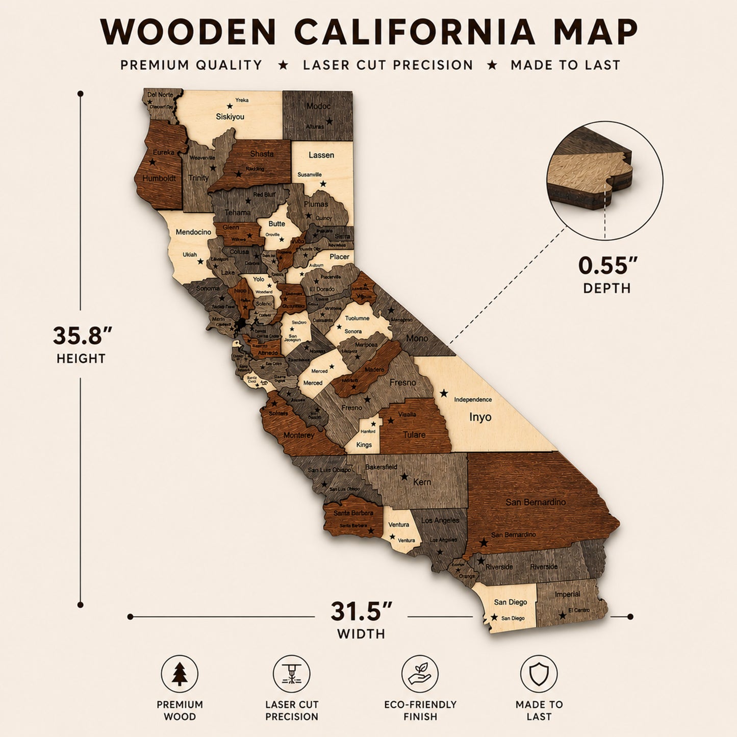 3D Wooden California State Map Wall Art