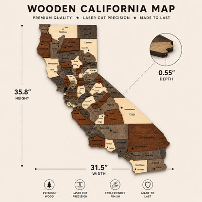 3D Wooden California State Map Wall Art