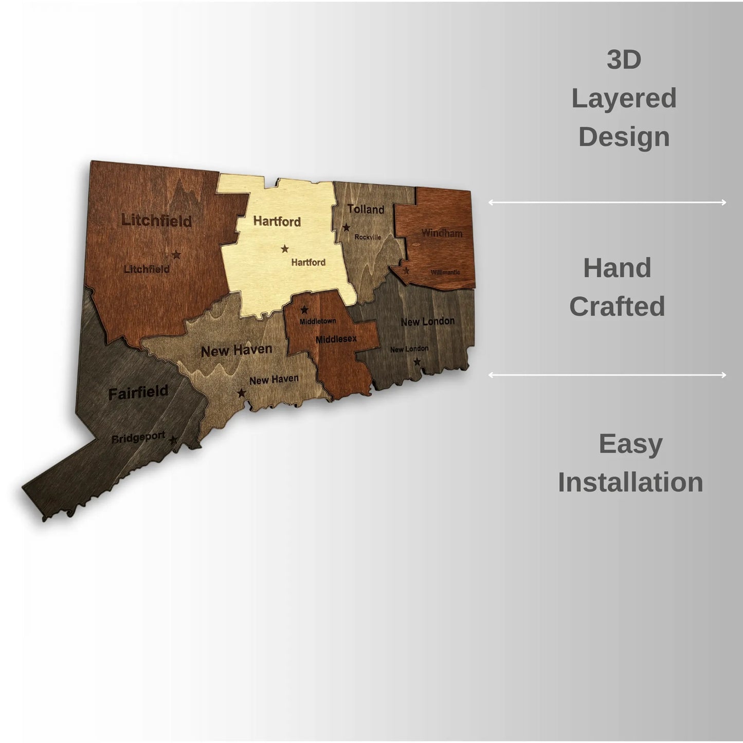 3D Wooden Connecticut State Map Wall Art