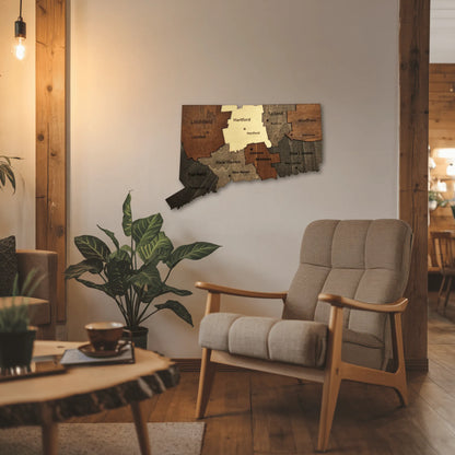 3D Wooden Connecticut State Map Wall Art