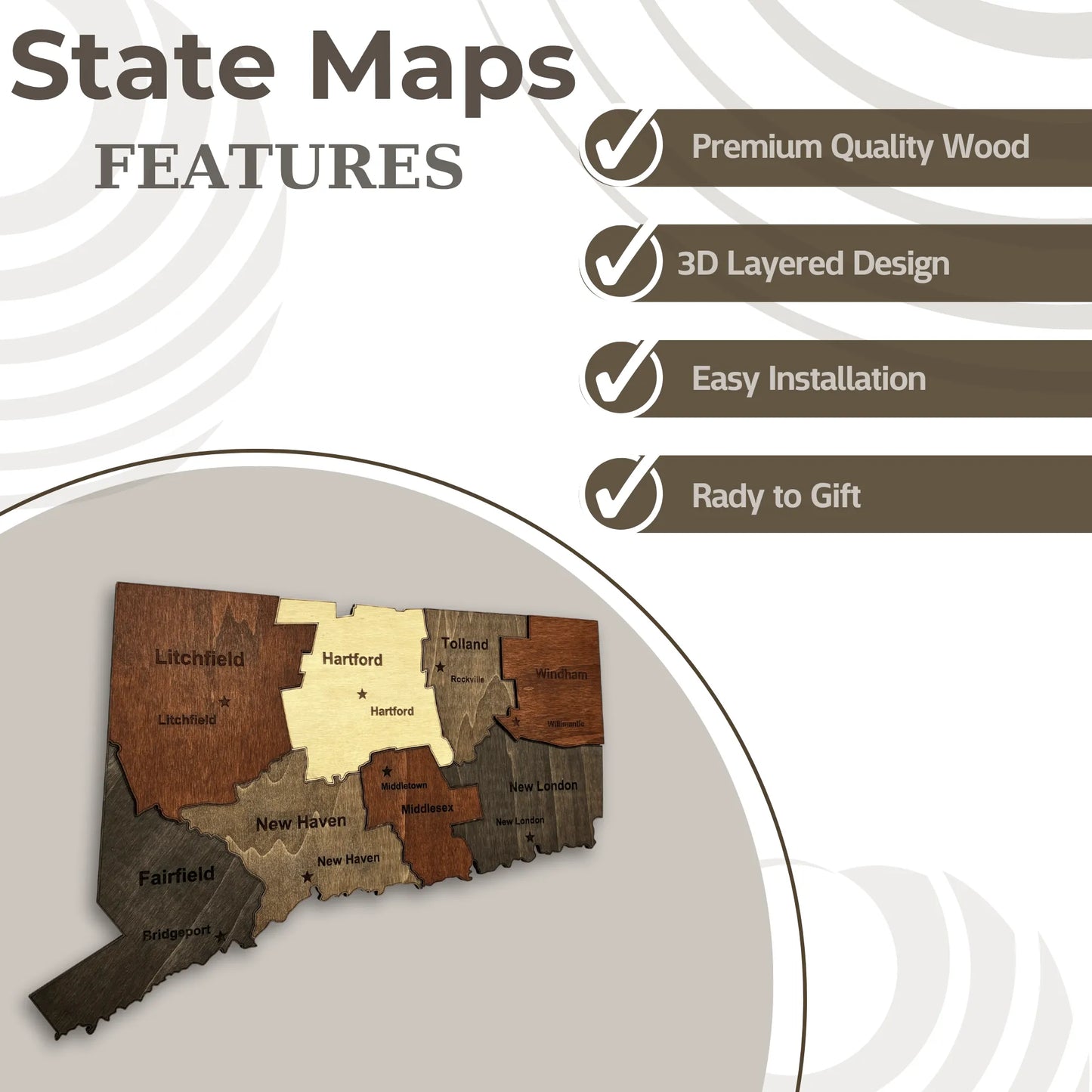 3D Wooden Connecticut State Map Wall Art