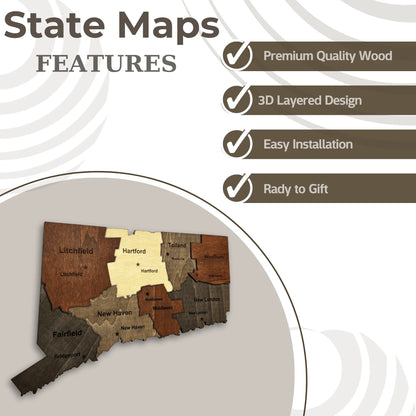 3D Wooden Connecticut State Map Wall Art
