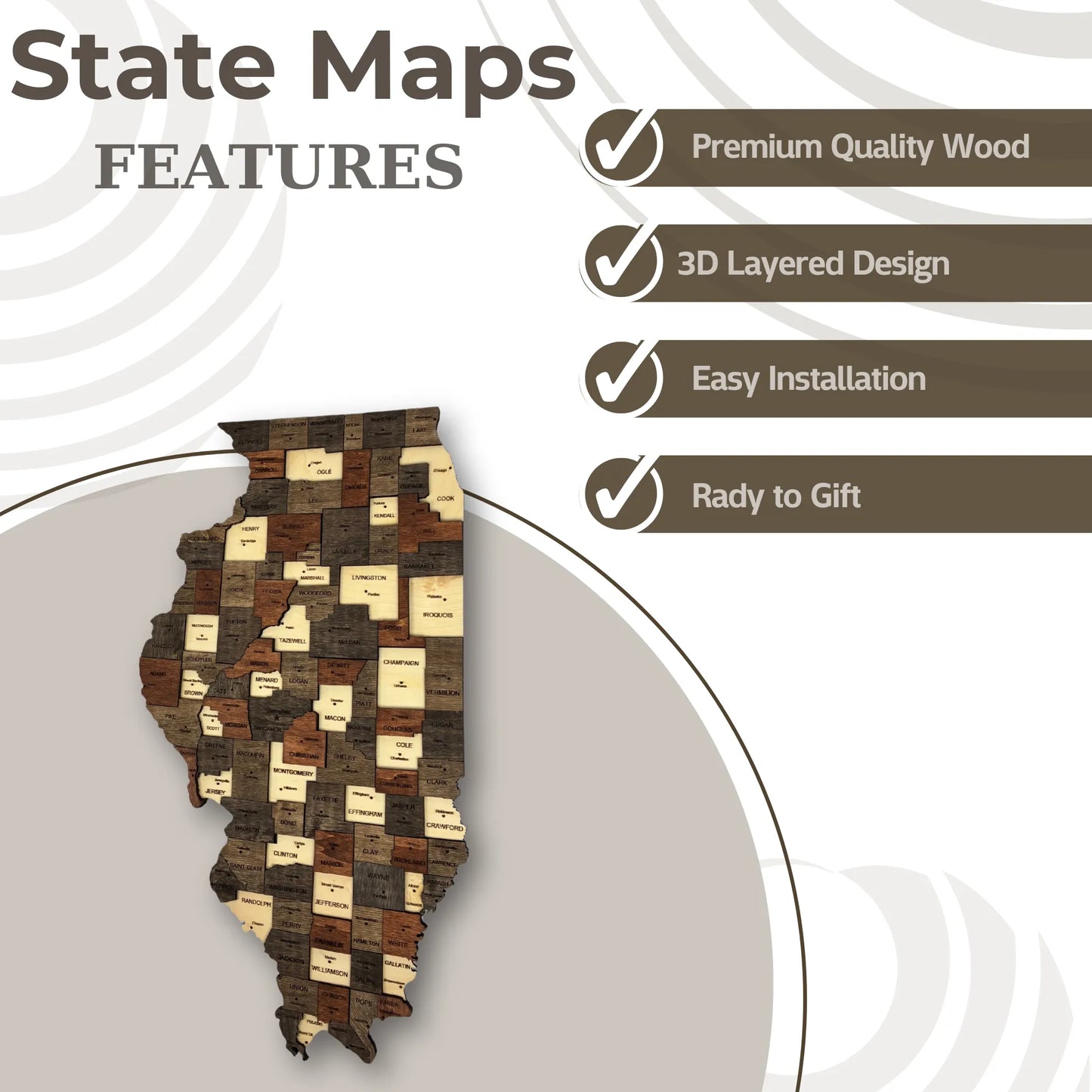 3D Wooden Illinois State Map Wall Art