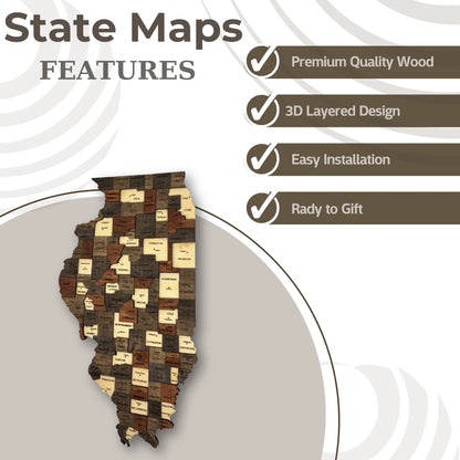 3D Wooden Illinois State Map Wall Art