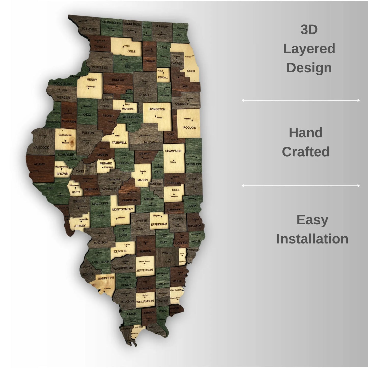 3D Wooden Illinois State Map Wall Art