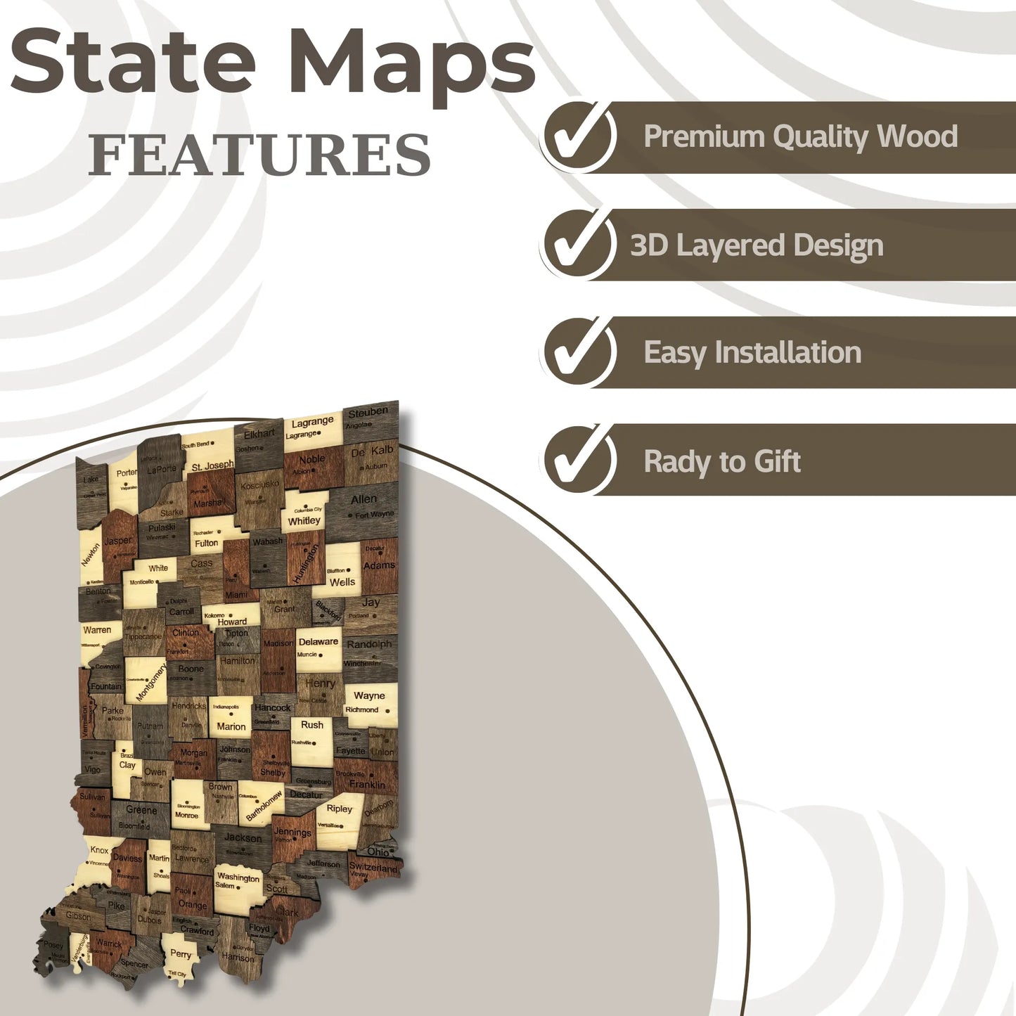 3D Wooden Indiana State Map Wall Art