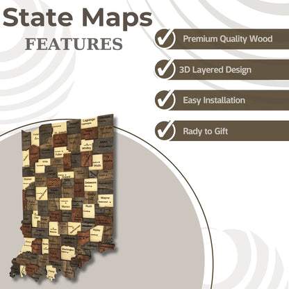 3D Wooden Indiana State Map Wall Art