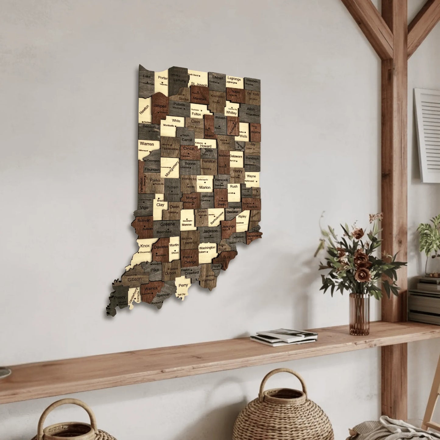 3D Wooden Indiana State Map Wall Art