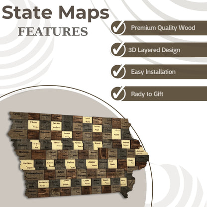 3D Wooden Iowa State Map Wall Art