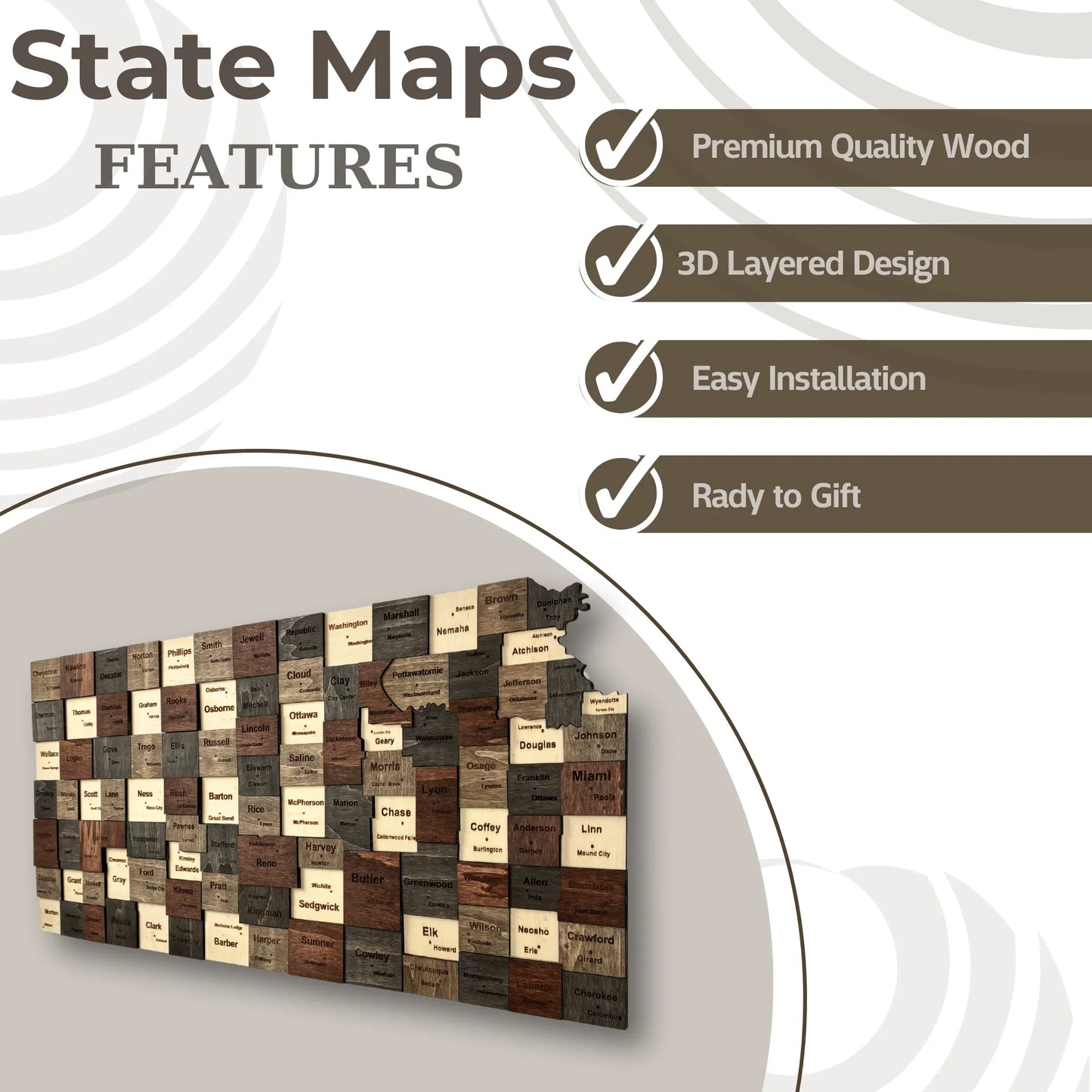 3D Wooden Kansas State Map Wall Art
