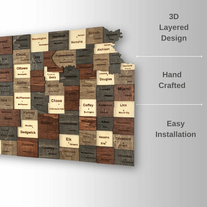 3D Wooden Kansas State Map Wall Art