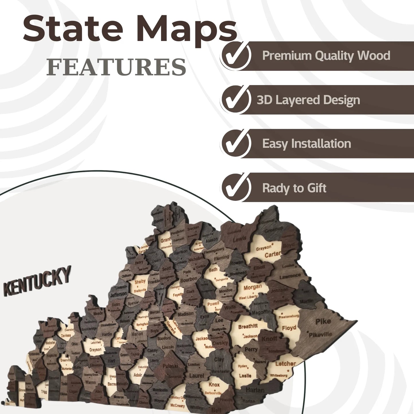 3D Wooden Kentucky State Map Wall Art
