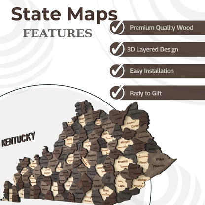 3D Wooden Kentucky State Map Wall Art